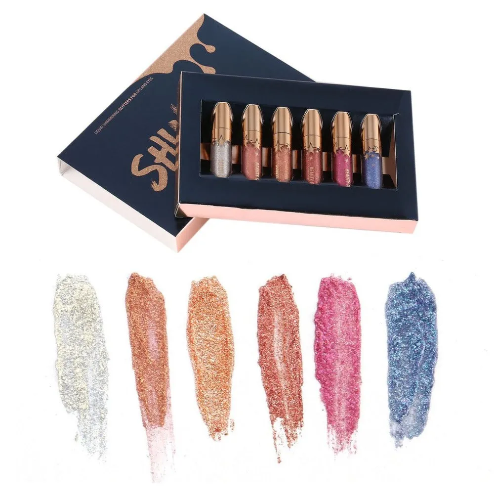 Beauty Glazed 6pcs/set Professional Shine Liquid Lipstick Shimmering Glitters for Lips and Eyes Lip Gloss Makeup Tool