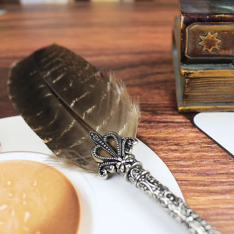 Natural Barred Turkey Retro Feather Calligraphy Dip Quill Pen with HOLDER