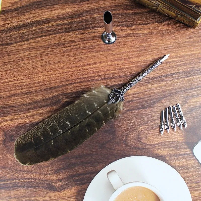 Natural Barred Turkey Retro Feather Calligraphy Dip Quill Pen with HOLDER