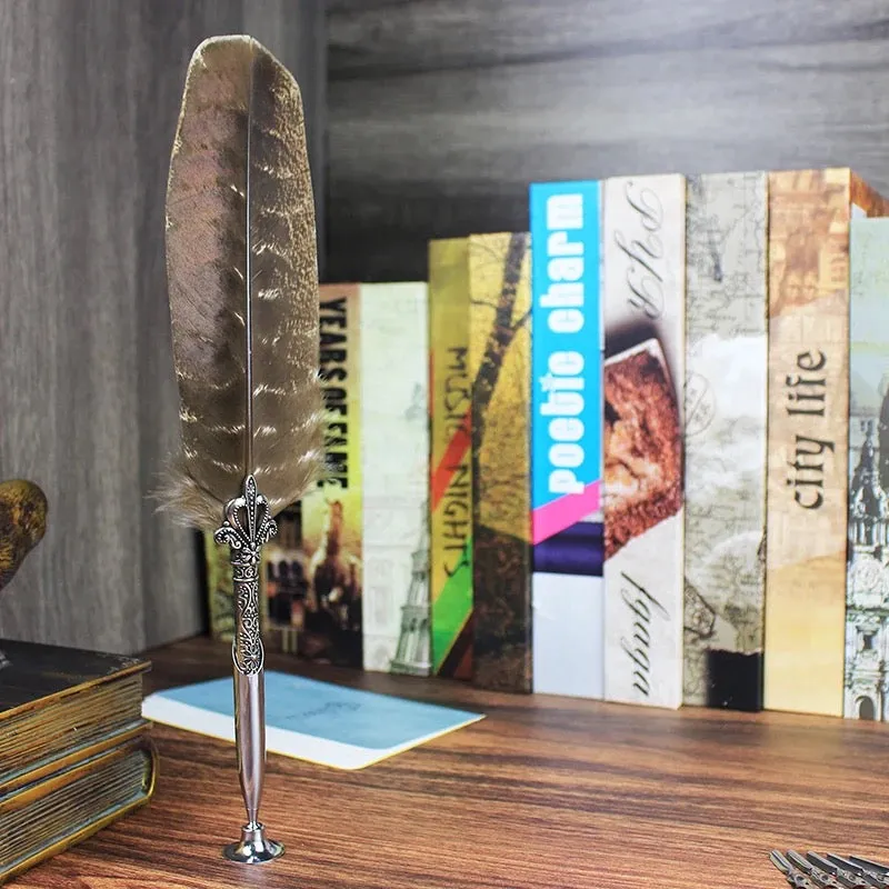 Natural Barred Turkey Retro Feather Calligraphy Dip Quill Pen with HOLDER